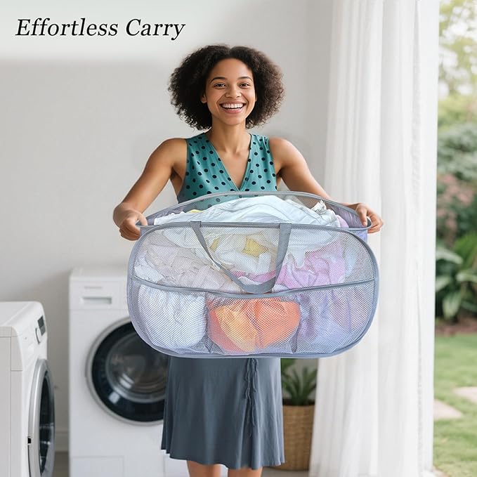 Pop Up Laundry Hamper 2 Pack with Handles & Side Pockets | 76L Foldable Collapsible Mesh Dirty Clothes Bin for Bedroom Dorm RV Camp, Lightweight Breathable, Grey