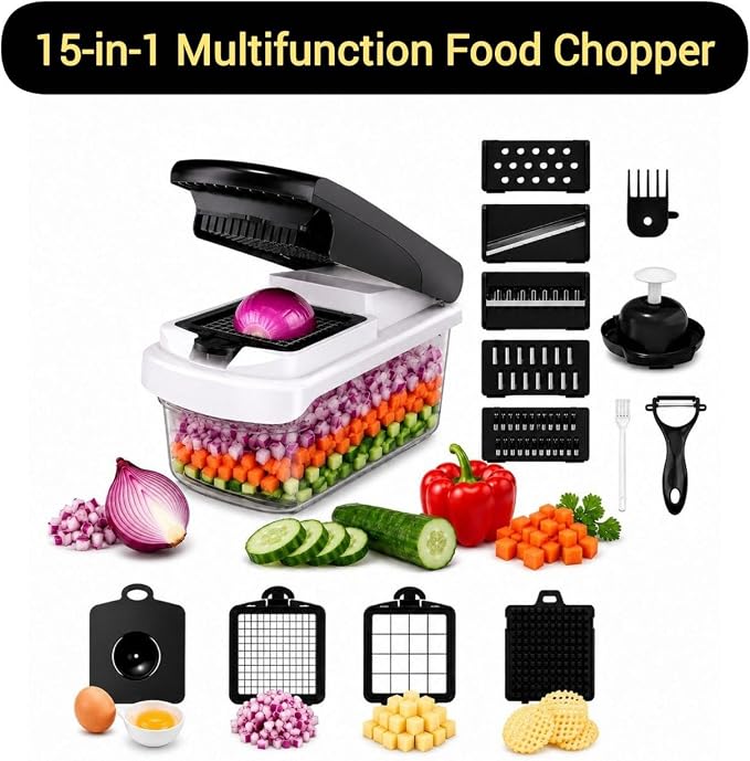 15-in-1 Vegetable Chopper and Mandoline Slicer with Container, Multifunction Food Chopper, Onion Cutter, Veggie Dicer, Fruit Slicer, Kitchen Gadget with Stainless Steel Blades, Black
