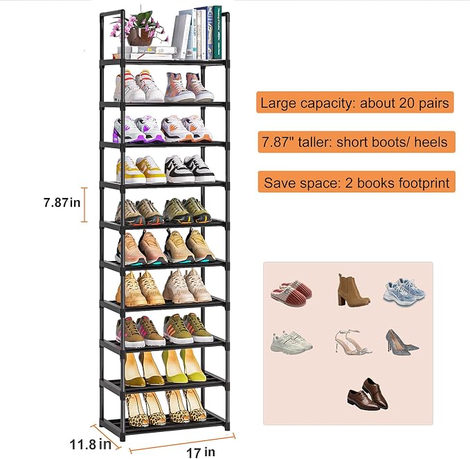 OYREL Shoe Rack - Sturdy Metal Shoes Storage Organizer for Closet, Entryway | Garage, Door Entrance, Space Saving 10-Tier Narrow Shoe Shelf, Stackable Free Standing Shoes Holder