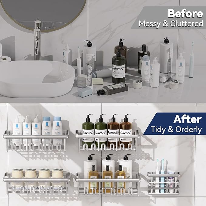 8 Pack Adhesive Rustproof Shower Caddy with Soap Dishes, Toothbrush Holder & Hooks, Large Capacity No-Drilling Shower Shelves Rack for Bathroom Organizers and Storage Accessories, Silver