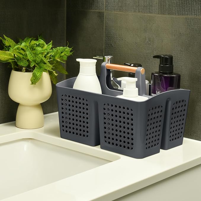 Portable Shower Caddy Basket with Wood Handle, 3-Compartment Bathroom Organizer Tote with Drain Holes, Plastic Shower Basket for Dorm, Toiletries, Cleaning Supplies, Dark Gray