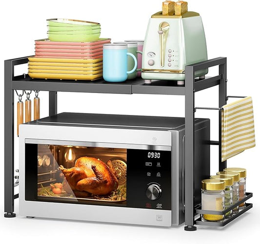 Expandable Microwave Stand Kitchen Countertop Organizer With Storage, Black | Adjustable Microwave Oven Rack Metal Storage Shelf for Pans Small Appliances Kitchen Utensils Tableware, 2-Tier