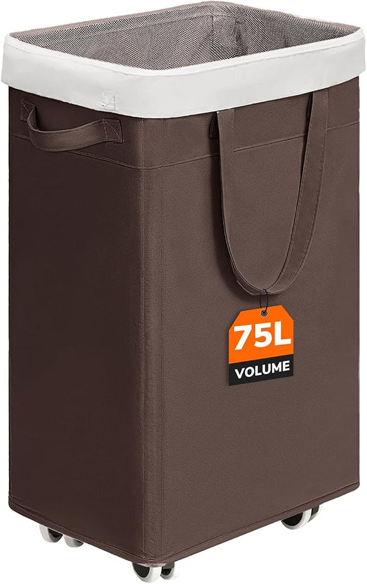 CHICVITA 75L Large Rolling Laundry Basket with Wheels & Wash Bag, Coffee | Clothes hamper for laundry room and living room. Removable wash bag for easy wash-day transpor