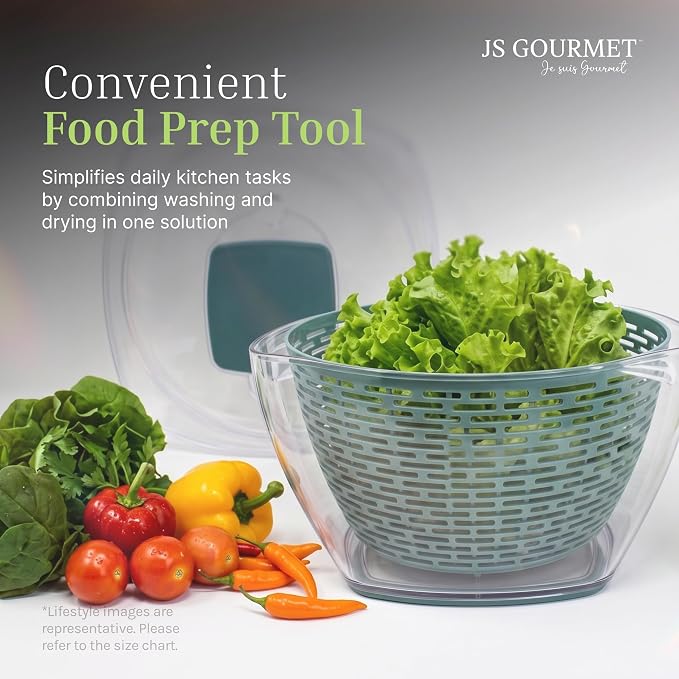 JS Gourmet Salad Spinner – 5.68L (24 Cup), BPA-Free Manual Vegetable Spinner with Strainer Basket, Durable Kitchen Gadget, Easy Spin Dryer Bowl for Lettuce, Fruits & Greens