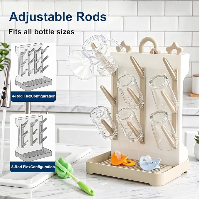 GoMaihe Baby Bottle Drying Rack: Space Saving Vertical Bottle Dryer Holder - Baby Accessories Storage Stand Organize Brushes Pacifiers on Countertop - BPA-Free - Beige