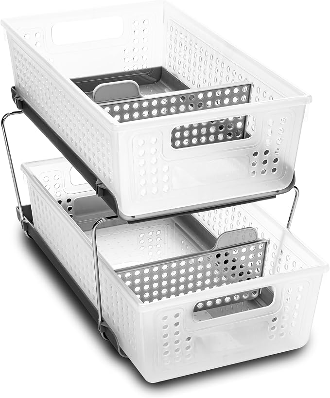 madesmart 2 Tier Organizer, Under Cabinet Storage with Pull Out Sliding Drawers, for Cleaning Supplies, Pantry, Undersink, Sponges, Bottles & Bath, Adjustable Dividers & Pull Out Baskets, Frost