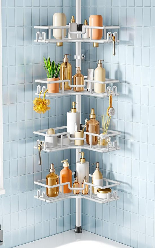 HAMITOR Shower Organizer Tension Pole: 4-Tier Rustproof Large Capacity Corner Shower Caddy with Hooks - Heavy Duty No Drilling Adjustable Storage Rack for Family, Apartment & Dorm 47-123 Inch White