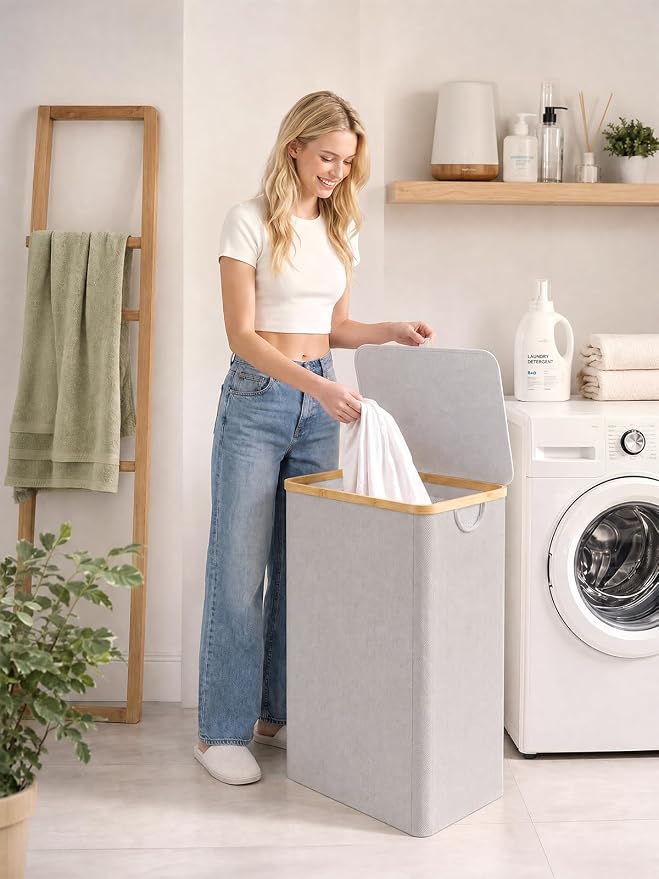 IEGrow Laundry Hamper with Lid,110L Laundry Basket with Bag,Light Grey | Dirty Clothes Hamper Basket with Bamboo Handle for Clothes Towels Organization