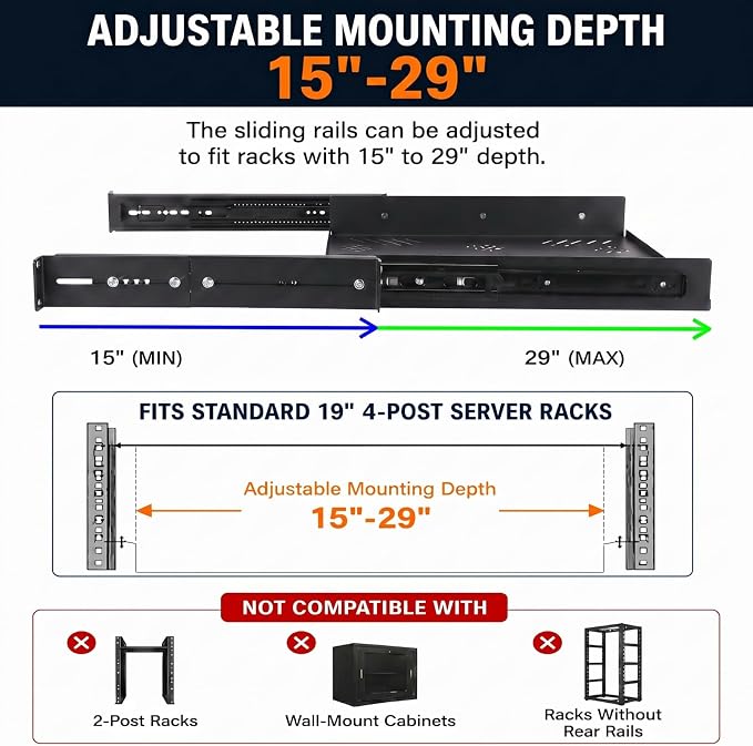 1 Pcs 1U Sliding Rack Shelf, Standard 19 Inch 4-Post Server Rack Adjustable Mounting 15-29 Inch Depth Vented Cantilever Shelf,Support up to 40 LBS Network Cabinet, AV Racks IT Equipment