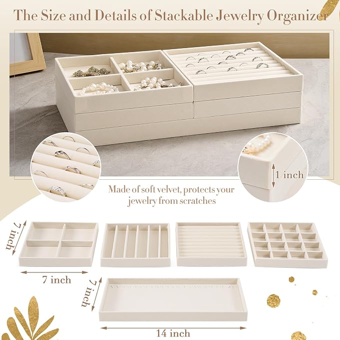 Cinnvoice Set of 10 Stackable Jewelry Organizer Trays for Drawer 14 Inch Velvet Jewelry Drawer Insert Display Storage with Removable Divider for Necklace Earring Ring Watch Bracelet (Beige)