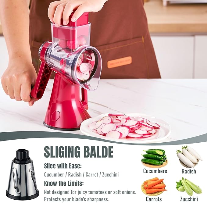 KYZ Rotary Cheese Grater - 12X Faster Hand Crank Vegetable Slicer with 3 Premium Stainless Steel Blades, Strong Suction Base, Dishwasher Safe Food Shredder for Cheese, Vegetables, Nuts, Chocolate