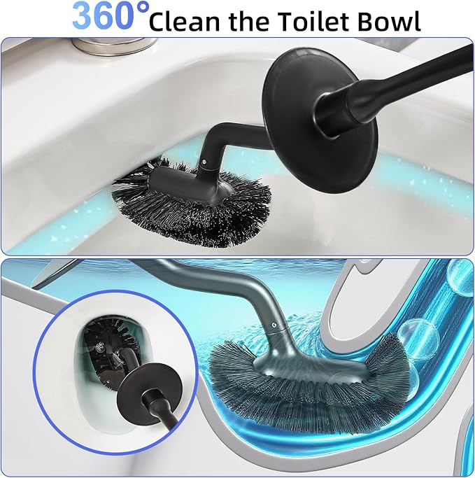 Toilet Brush & Pumice Stone Brush Combo, 2-in-1 Toilet Bowl Brush with Curved Deep Cleaning Brush and Extended Handle, Dual-Slot Holder Set, Compact Size Toilet Cleaner Brush Organizer (Dark Black)