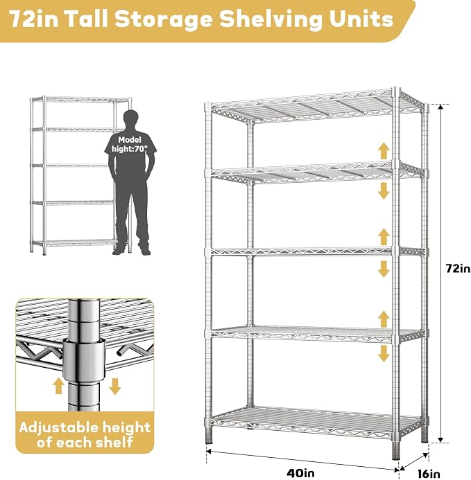 ROOMTEC 5-Tier Wire Shelving Unit,40" W*16" D*72" H,Max Load 2000 lbs | Garage Shelves, Adjustable Storage Rack, Heavy Duty Metal Shelf for Kitchen, Pantry, Laundry, Basement