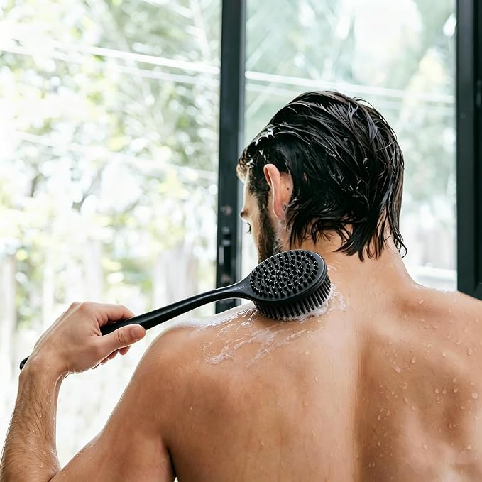 Silicone Back Scrubber for Shower, 17in Lengthen Long Handle Body Brush, Double Sided Shower Brush for Shower Exfoliating and Massage,Includes 2 Hooks (Black)