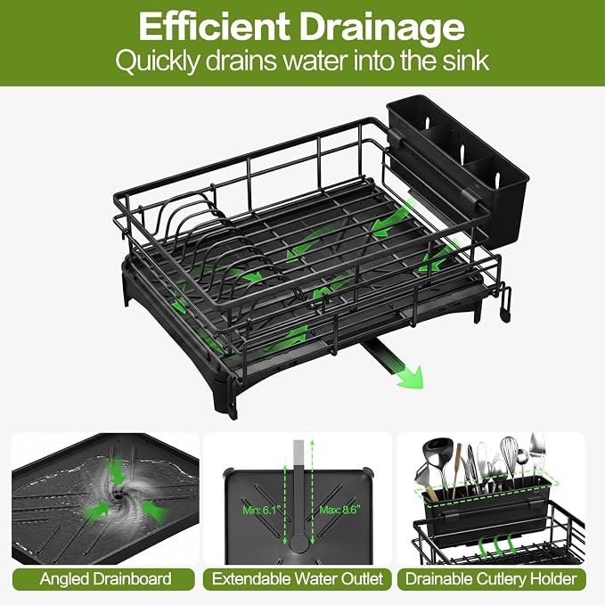 Expandable Over Sink Dish Drying Rack (12.6"-20.5"), Rustproof Metal Dish Drainer with Auto-Draining Tray & Utensil Holder, Large Capacity Sink Organizer for Kitchen Counter, Fits Most Sinks - Black
