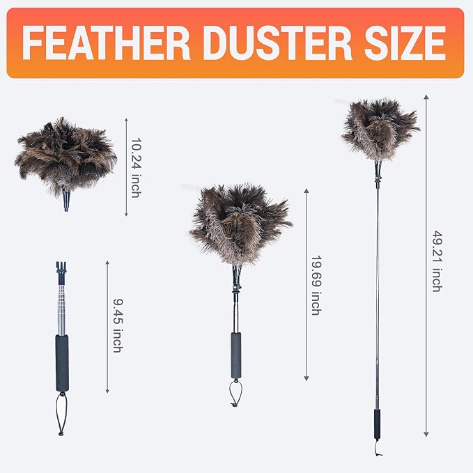Luxury Black Curved Feather Duster, Extendable Ostrich Feather Cleaning Tool for High Ceilings, Furniture, Blinds, Walls, Soft Fluffy Long Handle Dusting(A13-Black)