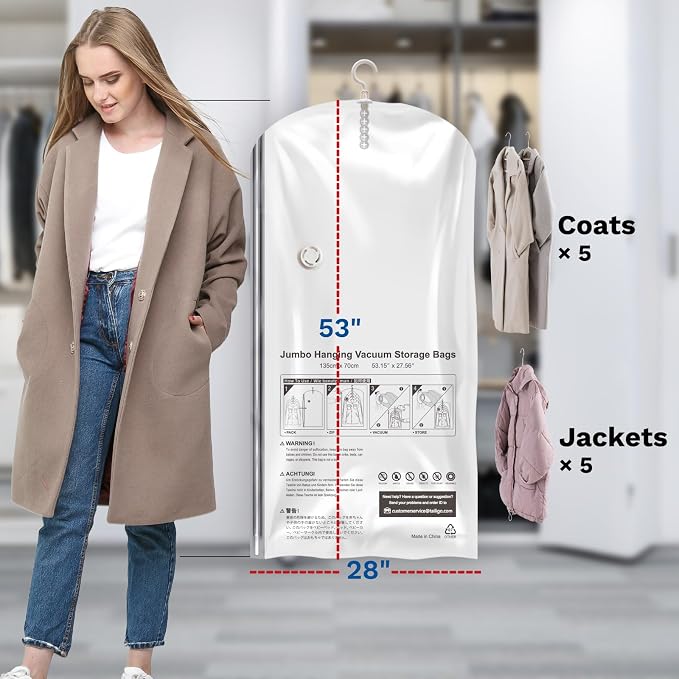 Hanging Vacuum Storage Bags For Clothes with Electric Pump, 6 Pack Large Hanging Space Saver Bags, Vacuum Sealed for Clothing Travel Suits Dress Jackets for Moving Supplies(6 Long)