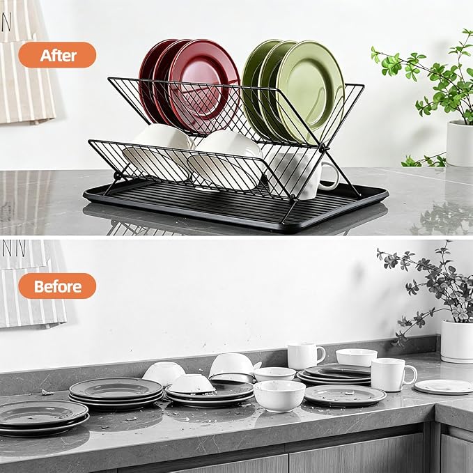 Black Foldable Double-Tier Dish Rack Large-Capacity Expandable Dish Rack, Rust-Proof Dish Rack, Draining Tray Suitable for Kitchen Worktops (Black)