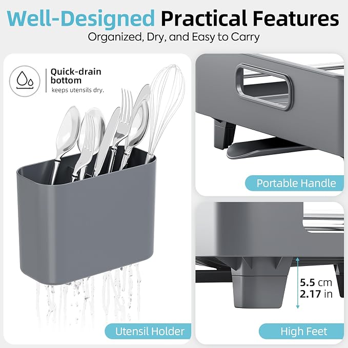 TOOLF Expandable Dish Drying Rack for Kitchen Counter, Gray | Extendable 12.8in to 20.35in,Stainless Steel & PP,One-Minute Quick Assembly,Cutlery Holder,Portable Carry Handle,Space-Saving