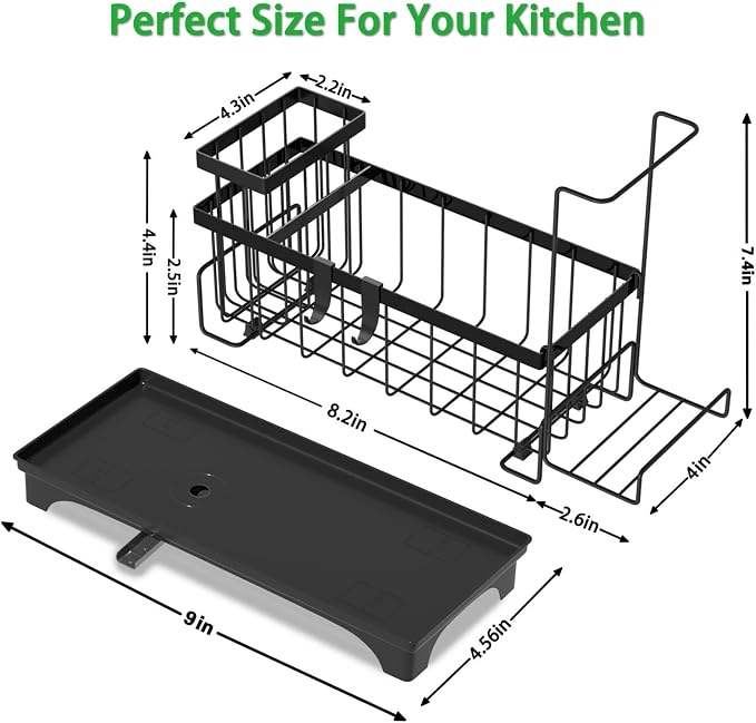Sponge Holder for Kitchen Sink, Self-Draining Sink Caddy with Detachable Cloth & Dish Brush Rack, Metal Sponge Caddy Organizer for Kitchen Countertop Organizers and Storage Accessories, Black