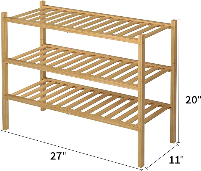 ROMGUAR CRAFT 3 Tier Bamboo Shoe Rack for Closet Free Standing Wood Shoe Shelf Storage Organizer for Entryway Small Space Stackable 27"x11"x20" (Natural)