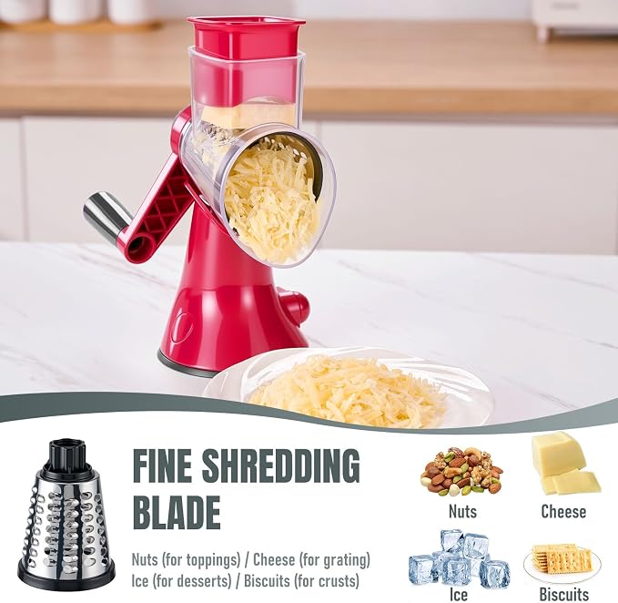 KYZ Rotary Cheese Grater - 12X Faster Hand Crank Vegetable Slicer with 3 Premium Stainless Steel Blades, Strong Suction Base, Dishwasher Safe Food Shredder for Cheese, Vegetables, Nuts, Chocolate