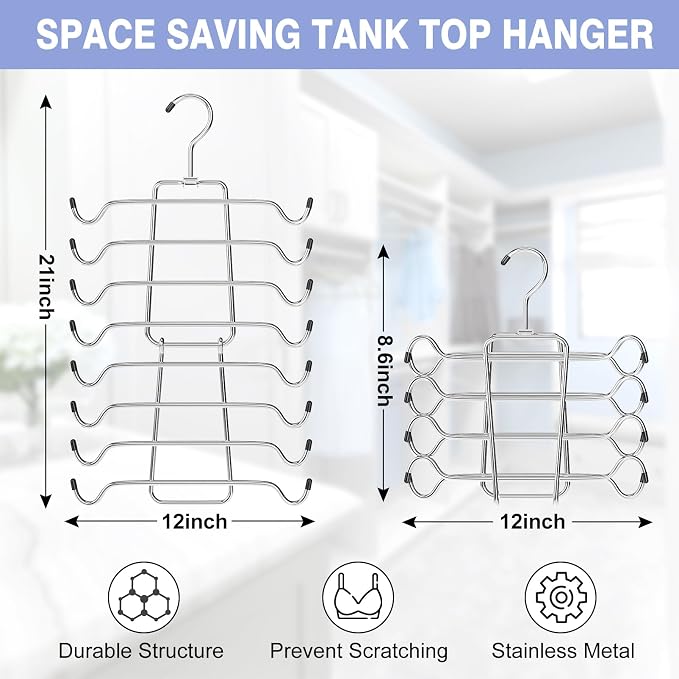 2Pcs Tank Top Hangers Space Saving Hanger Organizer Bra Hangers Silver | 360° Rotating Metal Closet Organizers and Storage Lingerie Hangers for Tank Tops Cami Bras Belts Swimsuits Lingeries
