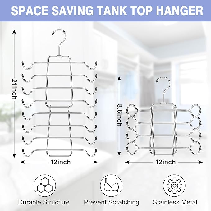 3Pcs Tank Top Hangers Space Saving Hanger Organizer Bra Hangers Silver | 360° Rotating Metal Closet Organizers and Storage Lingerie Hangers for Tank Tops Cami Bras Belts Swimsuits Lingeries
