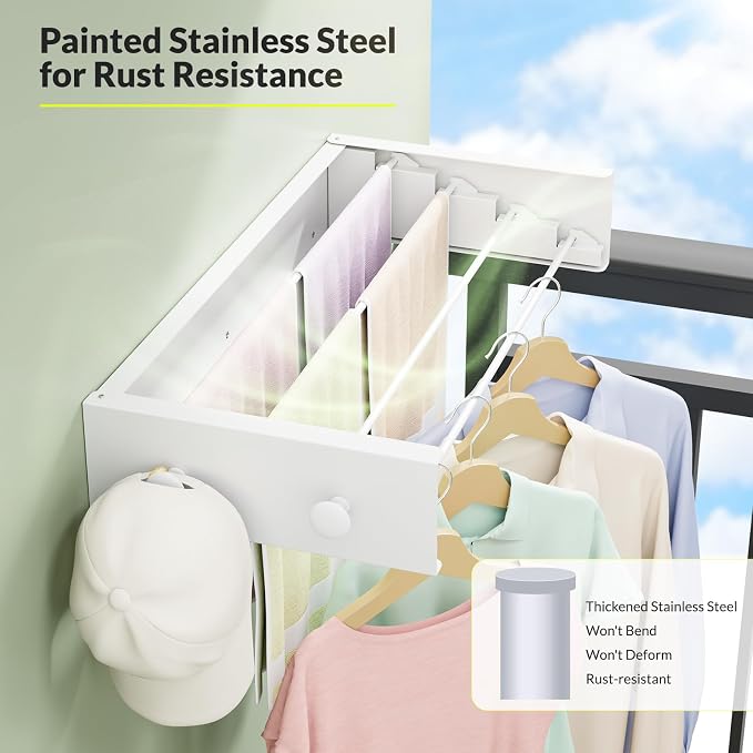 Foldable Wall Mounted Drying Rack, Stainless Steel Expandable Clothes Drying Rack with 6 Knobs, Heavy Duty Laundry Drying Rack for Apartment, Laundry Room, Balcony, 4 Thickened Rods