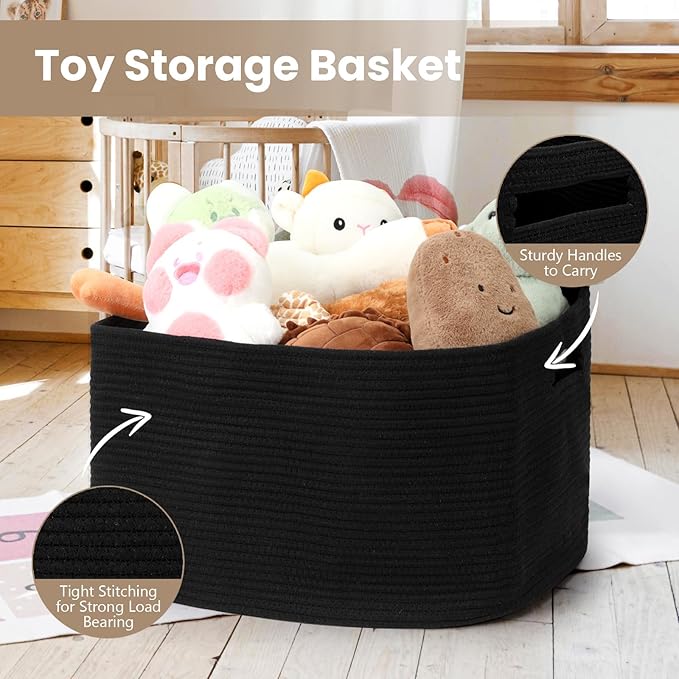 Optish 95L Large Blanket Basket, Woven Storage Baskets with Reinforced Handles, Rope Laundry Basket for Living Room, Bedroom, Nursery, Toys, Clothes,Pillows, 24” x 17” x 13.5”, Black