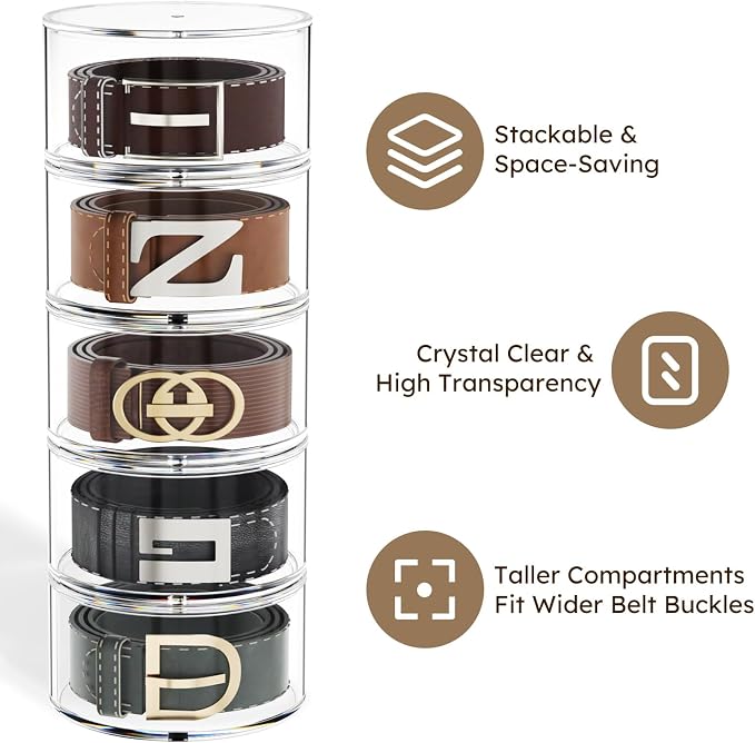 FEMELI Acrylic Belt Storage Organizer For Closet 3-Layer Stackable Belt Box | Clear Acrylic Belts Holder Organizers for Women Men Closet& Drawer,Watches Jewelry and Tie organizers and storage