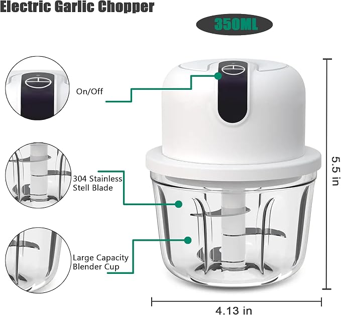 1.5 CUPS Electric Garlic Chopper,350ML Portable Veggie Chopper,Garlic Grinder Masher Onion Chopper, Blender to Vegetable, Cordless Food Processor for Ginger, Chili, Fruit, Meat, Spices, Beans, etc