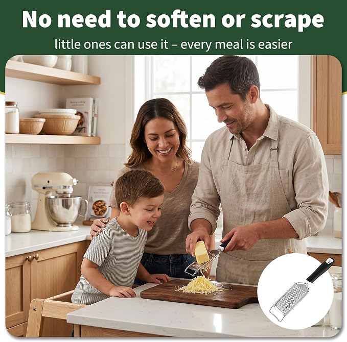 Butter Grater, Handheld Grater for Kitchen, Stainless Steel, Won't Rust, Non-Slip Handle, Durable Soft Grip, Flat Shredder for Cheese, Easy to Rinse, Works for Shredding Butter in Kitchen, Black