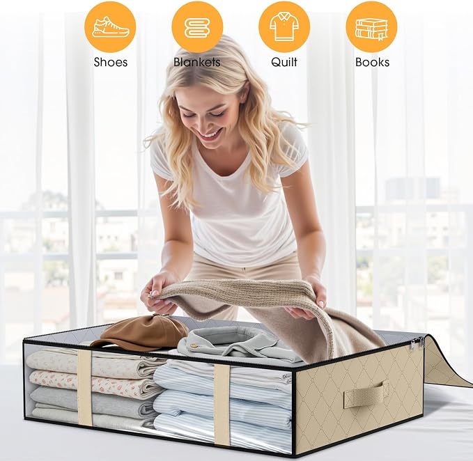 StorageRight Under Bed Storage Bags, 8 Pack, 40L, Beige | Breathable Non-Woven Fabric with a Clear Window and Zippered Top for Clothes, Comforters, Blankets and Seasonal Storage