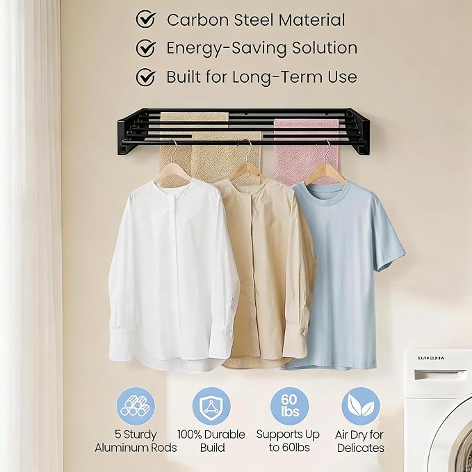 Wall Mounted Laundry Drying Rack, Carbon Steel Foldable & Retractable Clothes Drying Rack, Space Saving Adjustable Towel Holder for Bathroom, Laundry, Small Spaces (1, Black, 50cm)