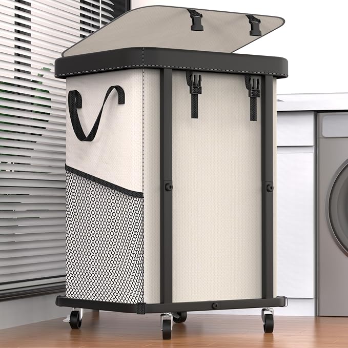 Laundry Basket with Wheels,150L Leather Patchwork Rolling Hamper Carts | Sturdy Metal Frame, Removable Washable Bag, Tall Clothes Sorter for Bedroom, Laundry Room - Beige