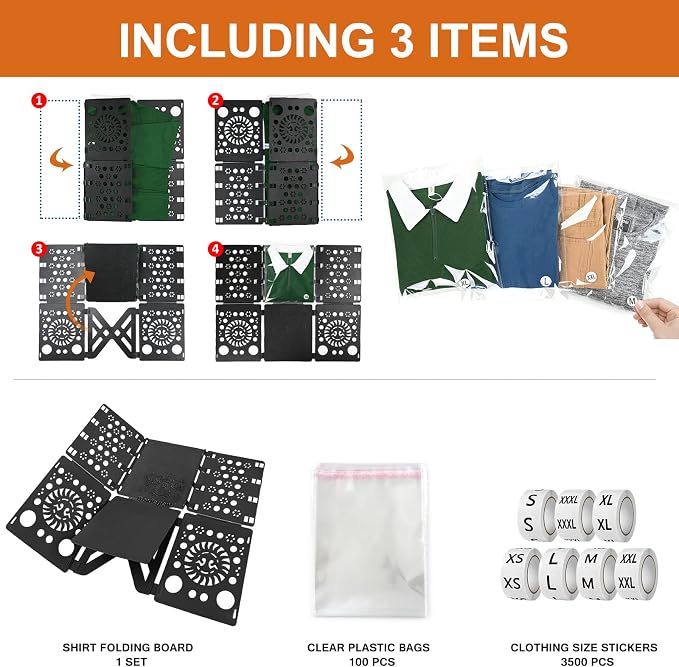 BoxLegend V3 Shirt Folding Board with 11"x14" Shirt Bags & 7 Size Stickers | All in one kit, Perfect folds every time, Professional packaging, Perfect for small businesses