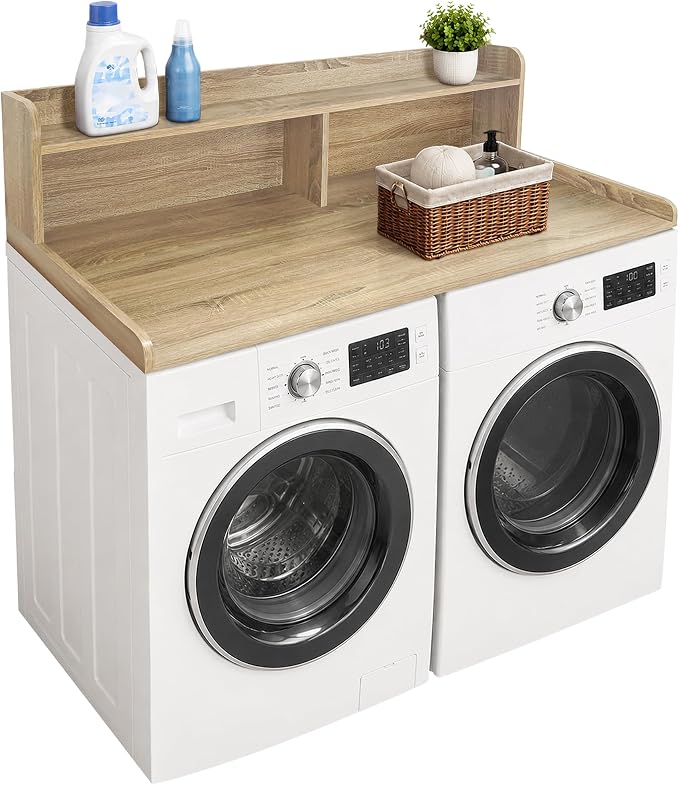 Royxen Laundry Countertop with 2-Tier Shelf Universal Fit, Washer and Dryer Countertop with Storage Space, Shelf Height 11.5 Inches, Solid Wood Core, White Oak