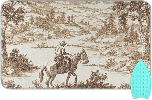 Cowboy Riding Horse Mountain Brown Ironing Mat Portable Ironing Pad Blanket with Silicone Iron Rest for Table Top Travel Heat Resistant Double-Side Using Large 47x28 Inch Foldable