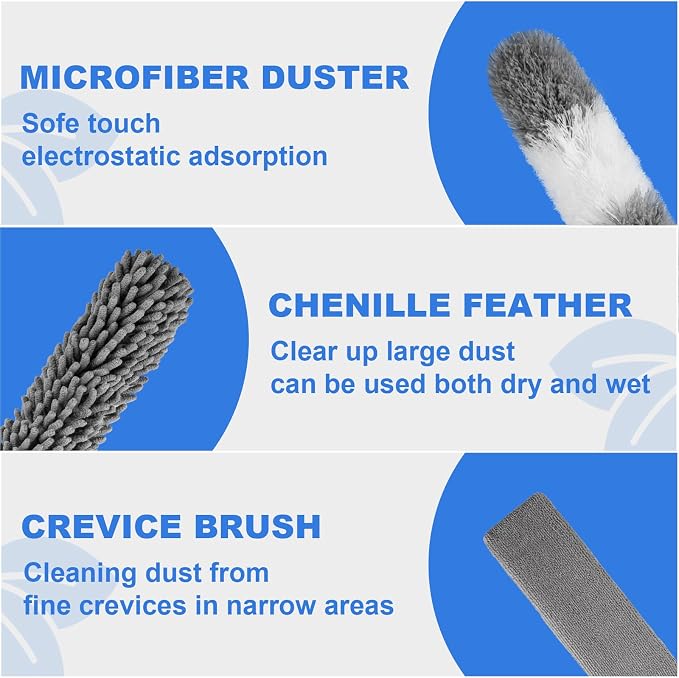 Dusters for Cleaning,Gap Duster and Chenille Duste with Extension Pole | Bendable Head Dusters for Cleaning Ceiling Fan, High Ceiling, Blinds, Furniture