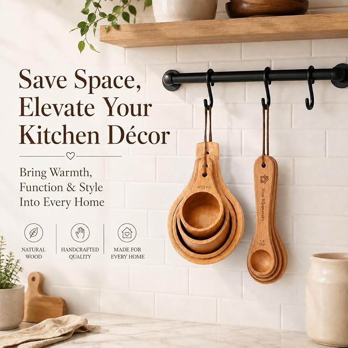 House Warming Gift New Home, Wooden Measuring Cups and Spoons Set, Housewarming Basket for Homeowners Couple Women, Closing Gifts for Home Buyers, First Apartment Kitchen Gadgets for Cooking & Baking