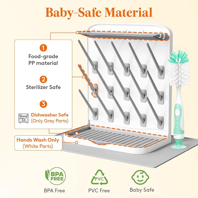 Lifewit 15-Hooks Baby Bottle Drying Rack with Drain Mat & Brush, BPA Free | Vertical Bottle Storage Organizer, Stand-Up Dryer Holder for Pacifiers, Pump Parts, Baby Stuff, Newborn Essentials Must Haves