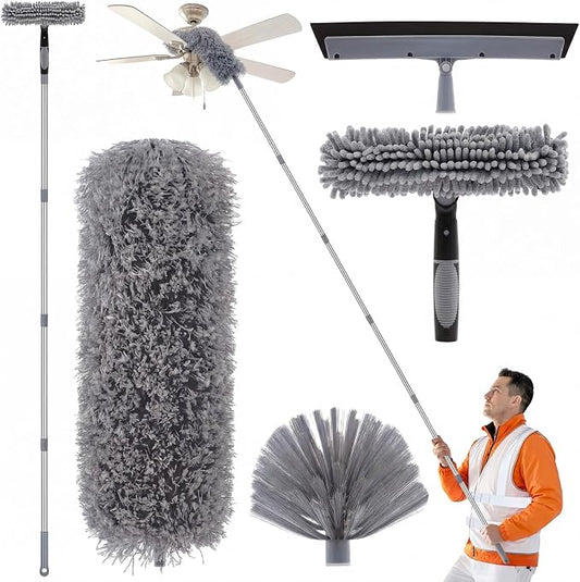30 Feet High Reach Duster Kit with 2-24 ft Extension Pole High Ceiling Dusting and Window Cleaning Kit with Window Washer & Squeegee, Cobweb Duster, Washable Head for Ceiling Fan(Gray)