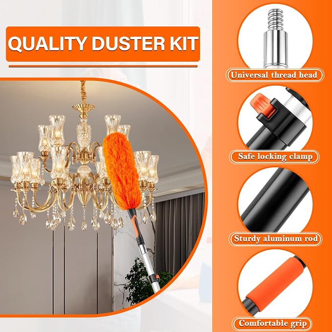 26FT High Ceiling Duster with Extension Pole,High Reach Duster Cleaning Kit | Ceiling Fan Cleaner Duster, Cobweb Dusters & Window Cleaning Squeegee Kit for Fan Blades, Furniture, Corner, Long Dusters