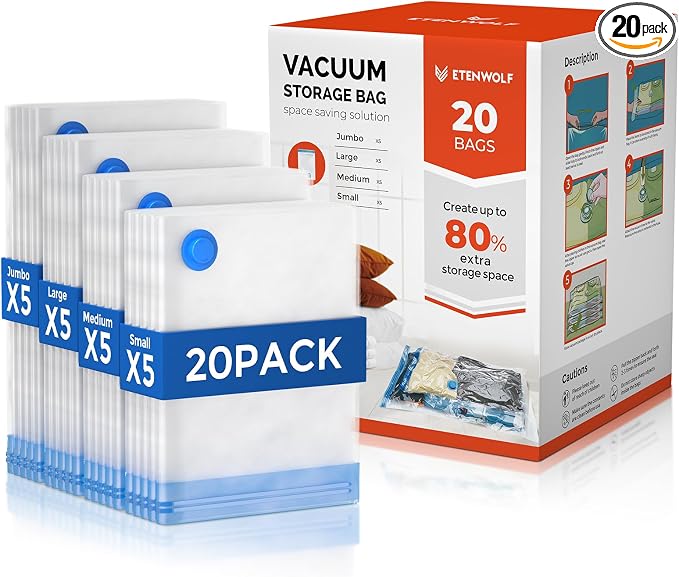 ETENWOLF 20 Combo Vacuum Storage Bags for Travel | Vacuum Seal Bags for Clothing Travel, Compression Packing Bags for Clothes and Blankets, Space Saver Bags in Carry-On Sizes