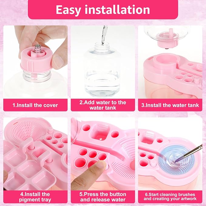 2026 Paint Brush Cleaner for Kids Water Circulation Paint with Drain Paint Water Dispenser with Palette Brush Holder Paint Brush Washer for Acrylic Painting Watercolor Art (pink)