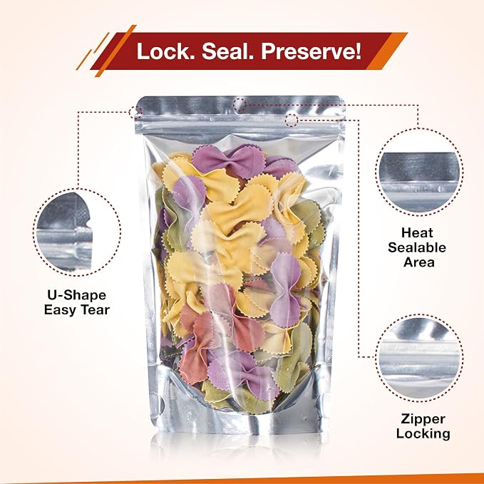 BELLE KR® 5x8 Mylar Bags with Window Stand Up - Pack Of 100, 7.5mil Thick - Clear Front Pint Mylar Bags for Food Storage and Freeze Dried Candy - Bonus Labels Included