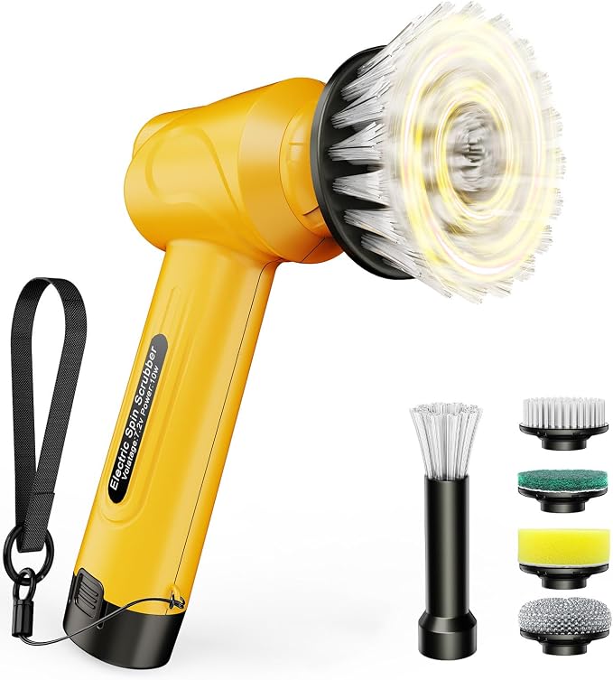 Battery Electric Spin Scrubber Q4, Handheld Scrubber for Cleaning with Display, Power Dish Scrubber with 5 Heads, Shower Cordless Cleaning Brush for Bathroom/Sink/Window
