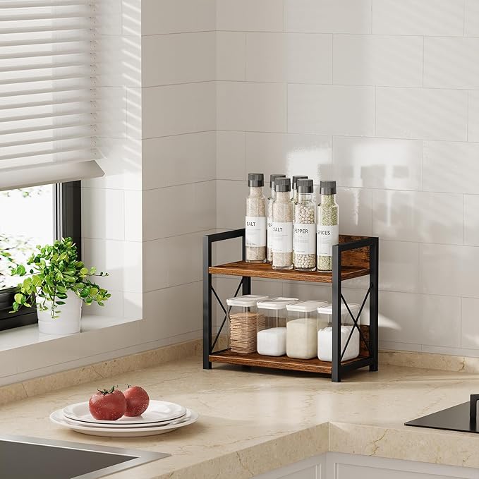 Giikin Countertop Shelf Organizer, 2 Tier Kitchen Spice Rack for Countertop, Wood Coffee Counter Shelf Organizer for Home (Brown, S)