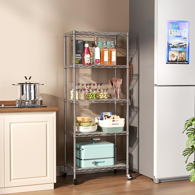 SINGAYE 5 Shelves Storage Wire Shelf Closet Metal Shelving Pantry Wheels | Shelf Bathroom Organizers Metal Kitchen Garage Shelving Unit Laundry Room Organization Home Rack Net Basket with Wheels